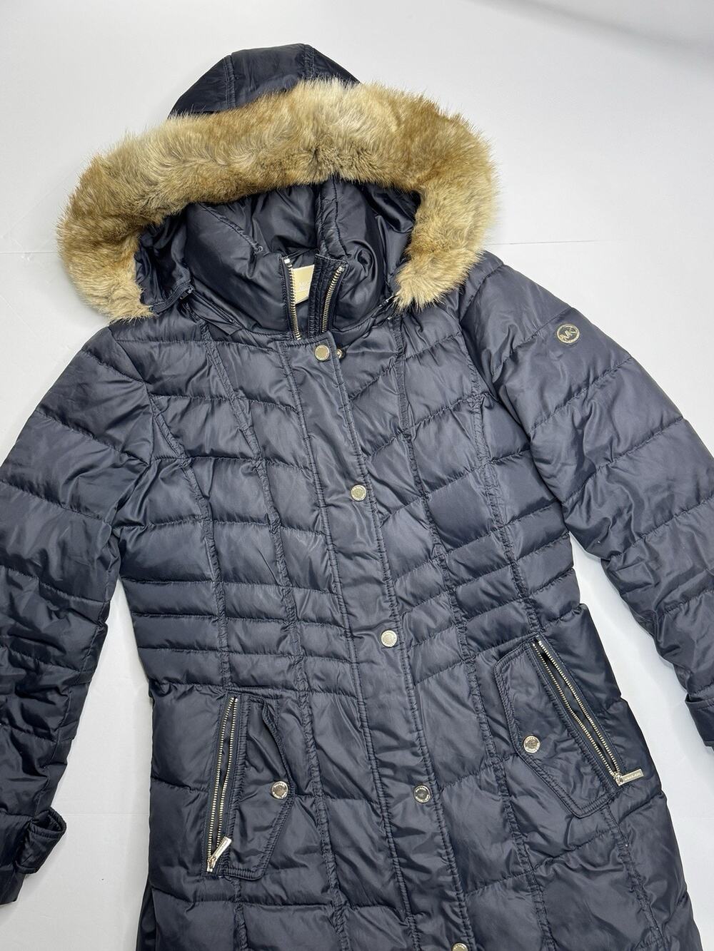 Michael Kors Womens M Navy Blue Maxi Quilted Puffer Coat Faux Fur Hood Gold Zip